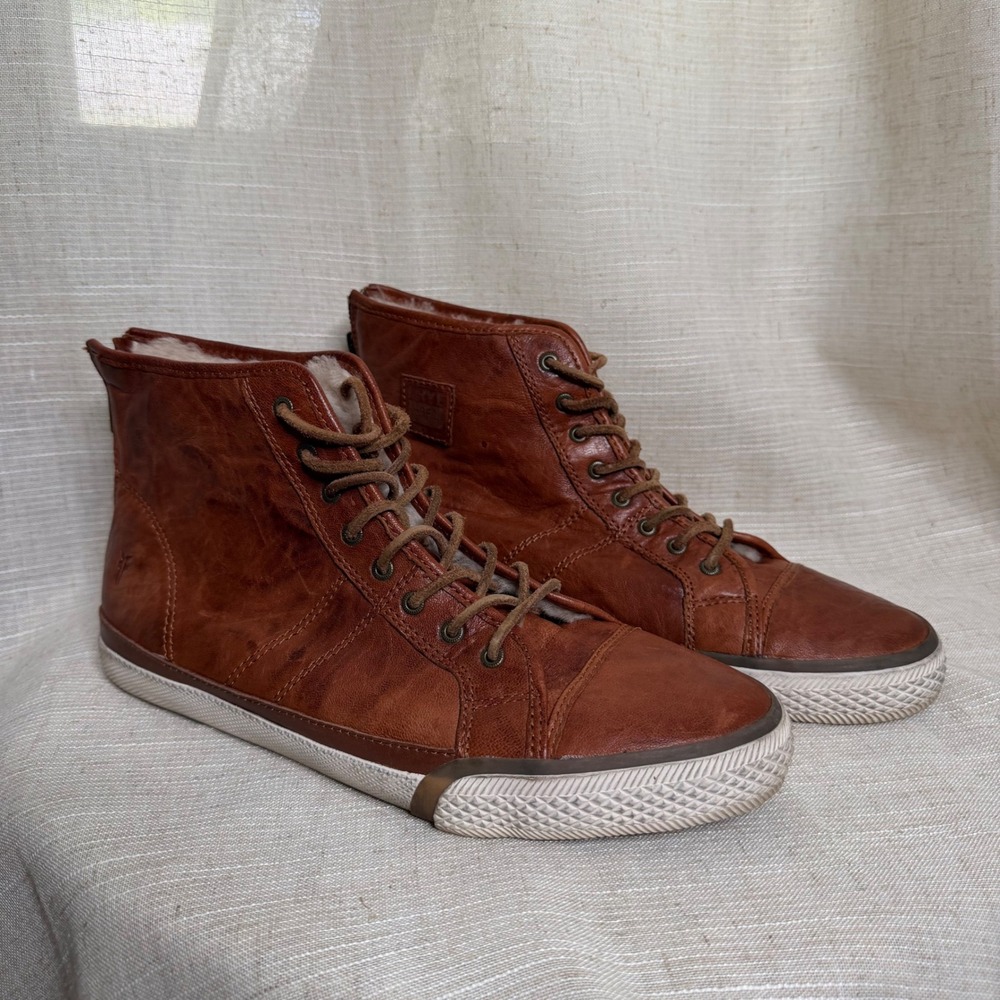 Frye Greene High Top Sneaker Shearling Lined Zip Cognac Brown Men's Shoe Size 10